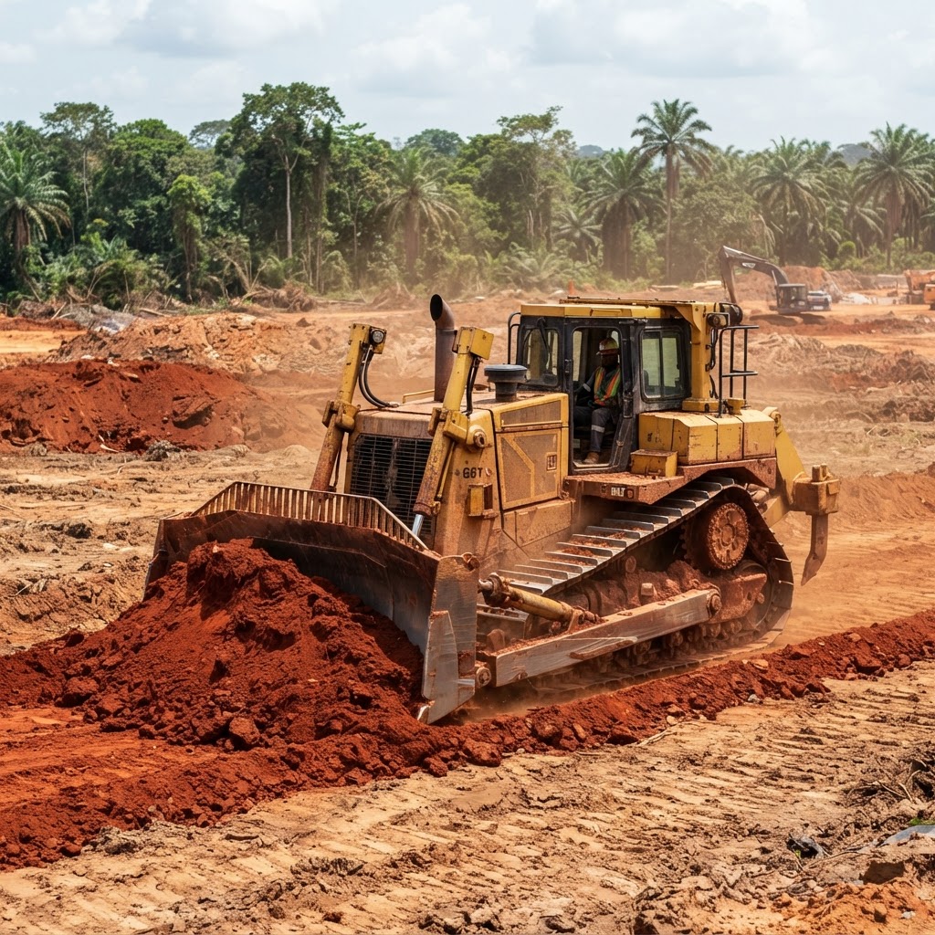 Crawler bulldozer pushing red laterite soil on a land clearing project in Ghana
