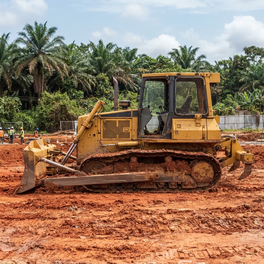 Crawler bulldozer side profile view on a construction site in Ghana