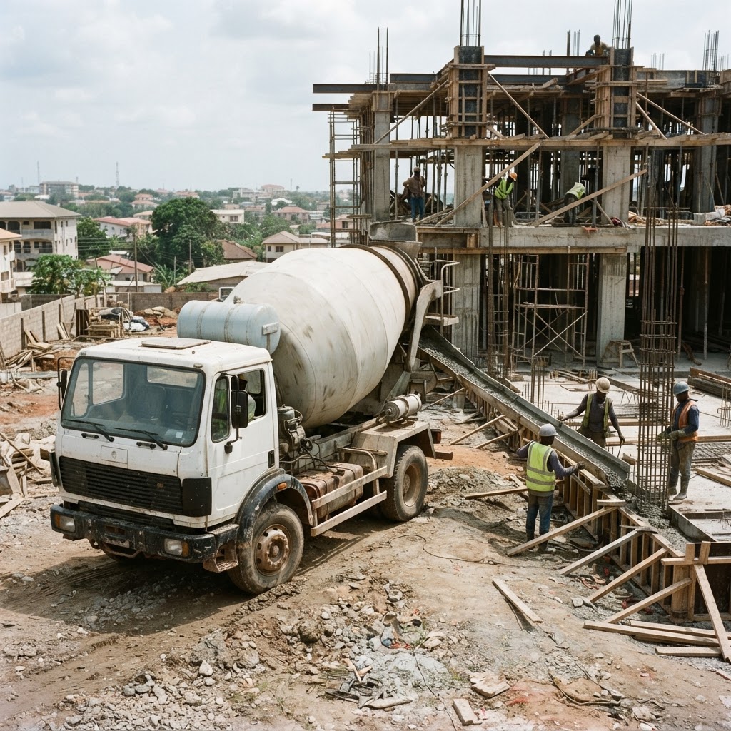 Concrete mixer truck with chute extended ready to pour concrete on a construction site
