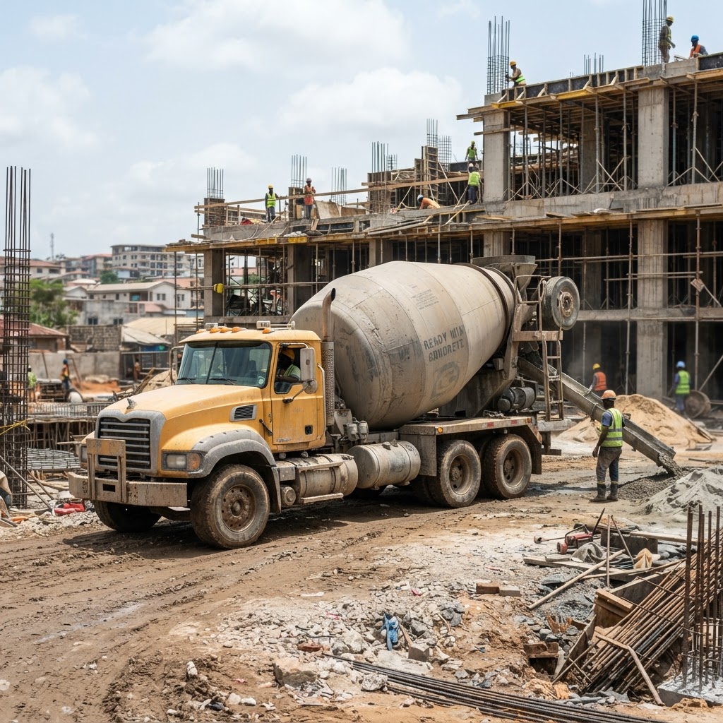 Concrete mixer truck on a building construction site in Ghana