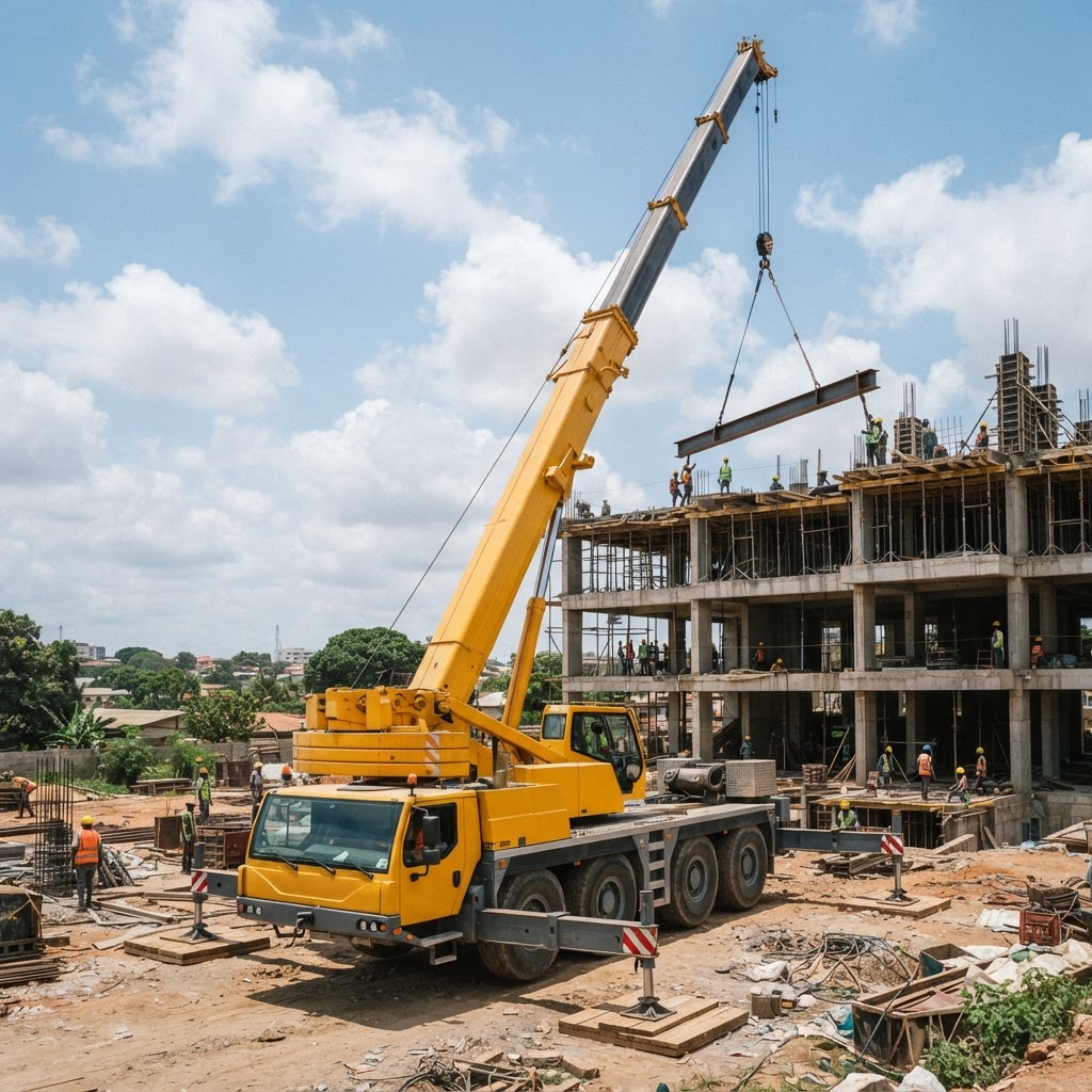Mobile crane lifting a steel beam on a building construction site in Ghana