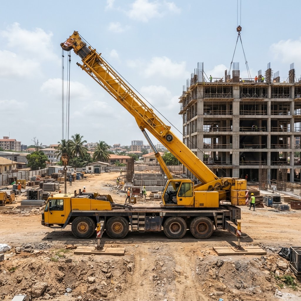 Mobile crane side profile view with boom extended on a construction site