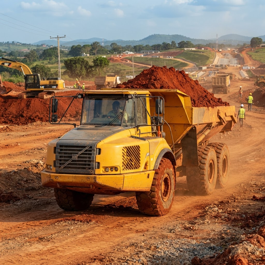 Dump truck front three-quarter view loaded with material on a construction site