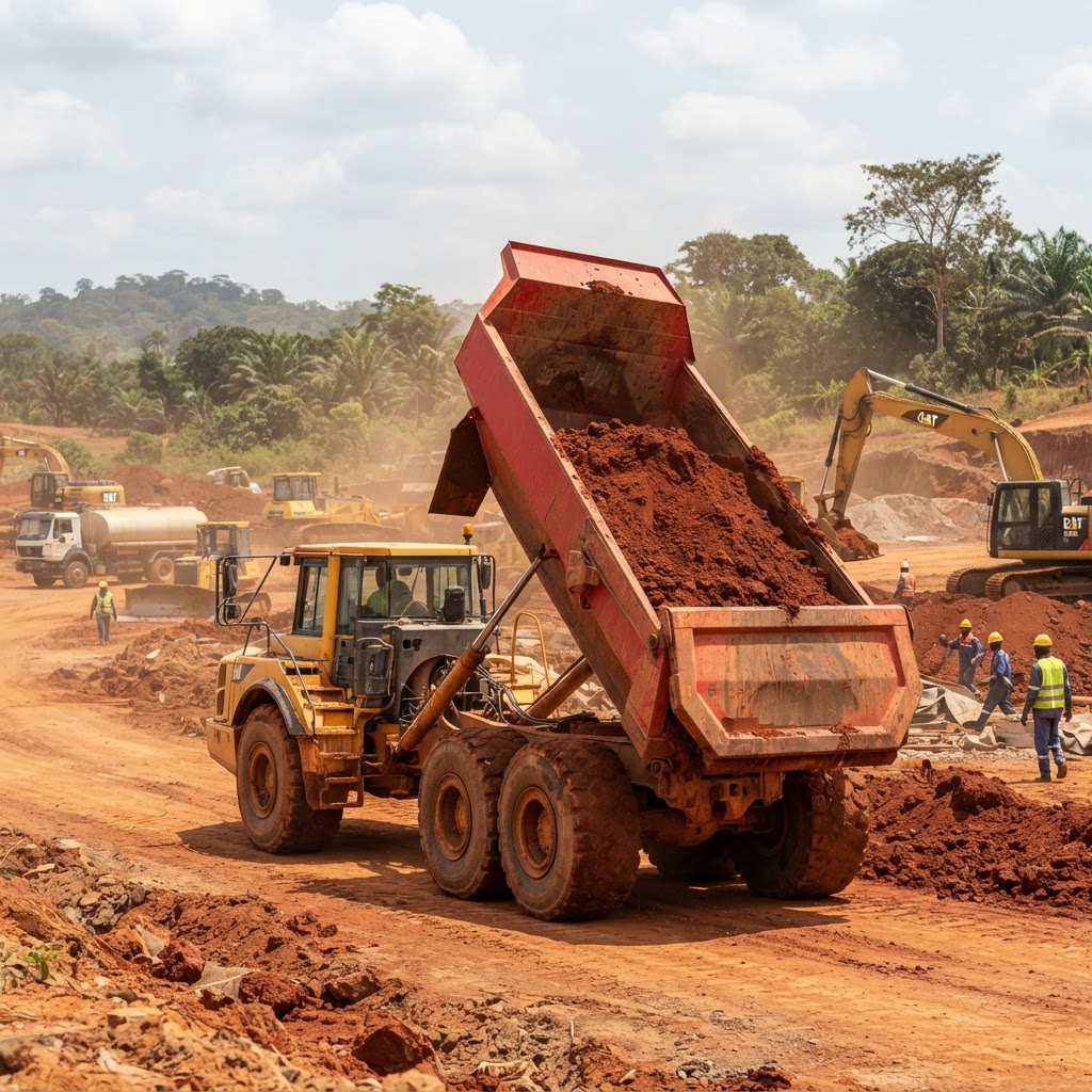 Large dump truck hauling red laterite soil on a construction site in Ghana