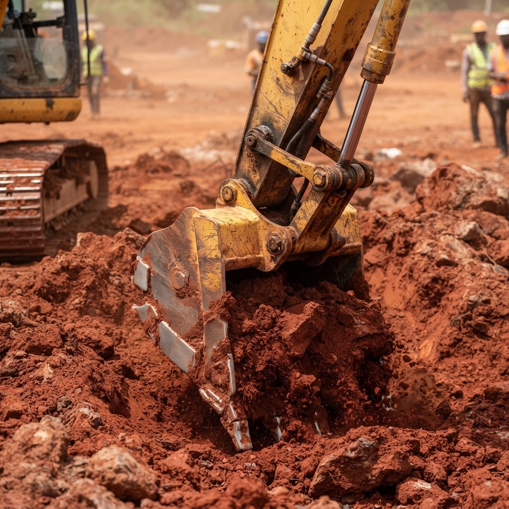 Close-up of hydraulic excavator bucket and arm digging into red laterite soil