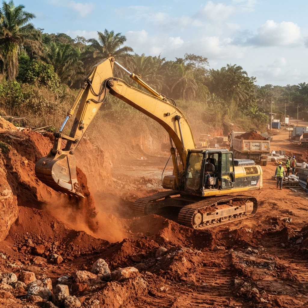 Hydraulic excavator on a construction site in Ghana