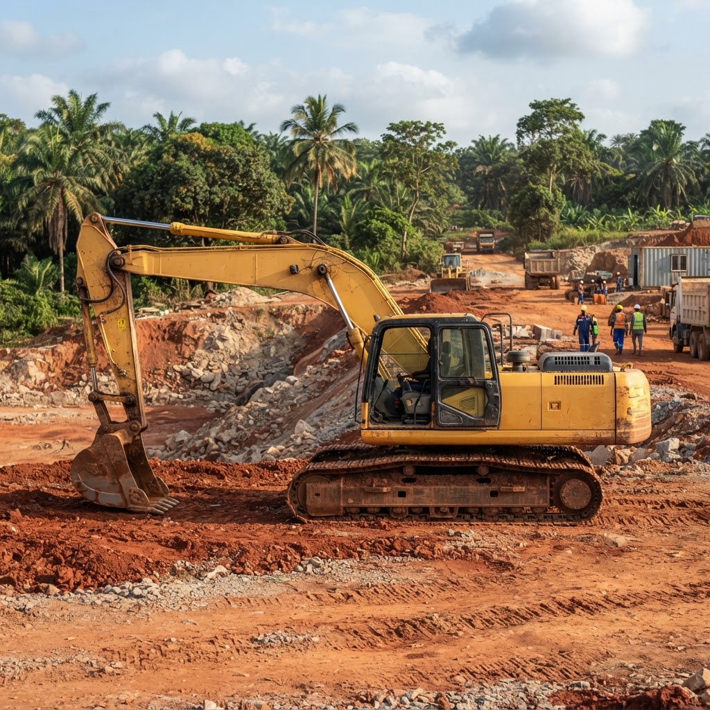 Hydraulic excavator side profile view on a construction site in Ghana