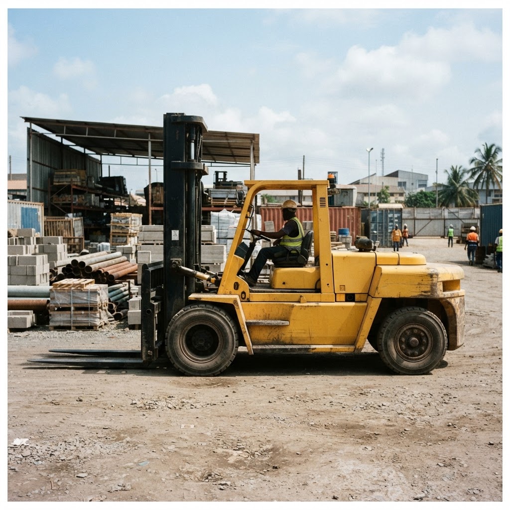 Industrial forklift side profile view in a logistics yard