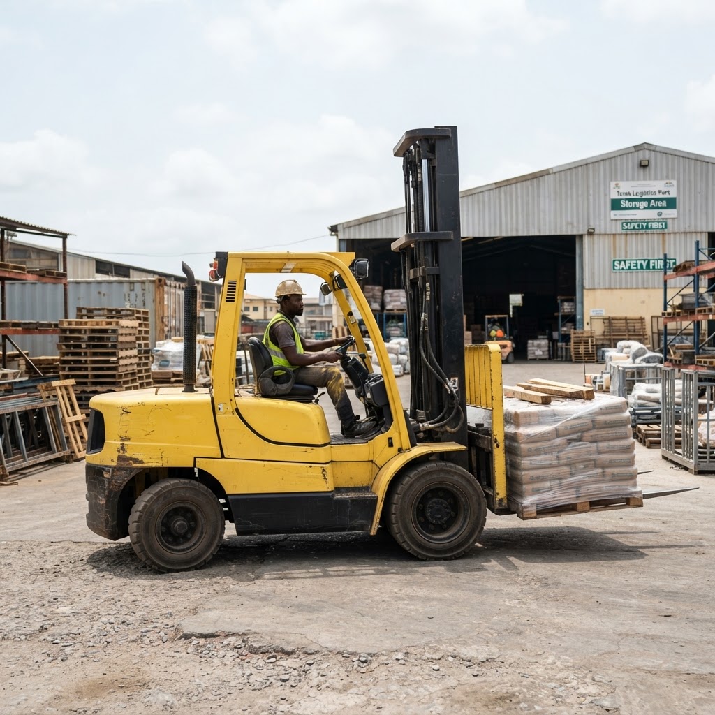 Industrial forklift carrying construction materials in a logistics yard