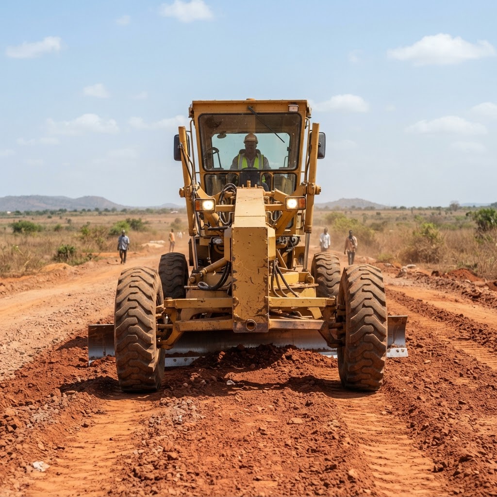 Motor grader front view on a road construction project in Ghana