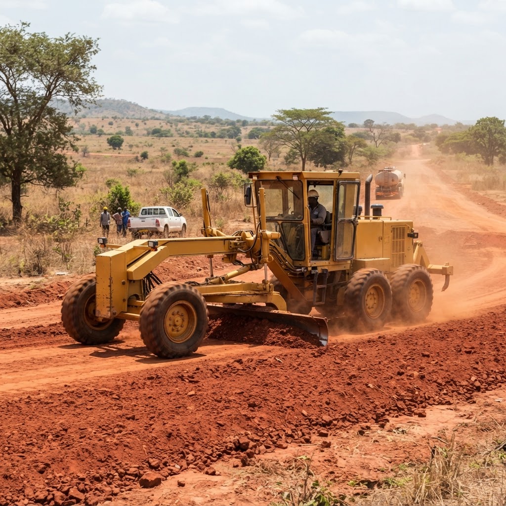 Motor grader levelling a road surface in Ghana