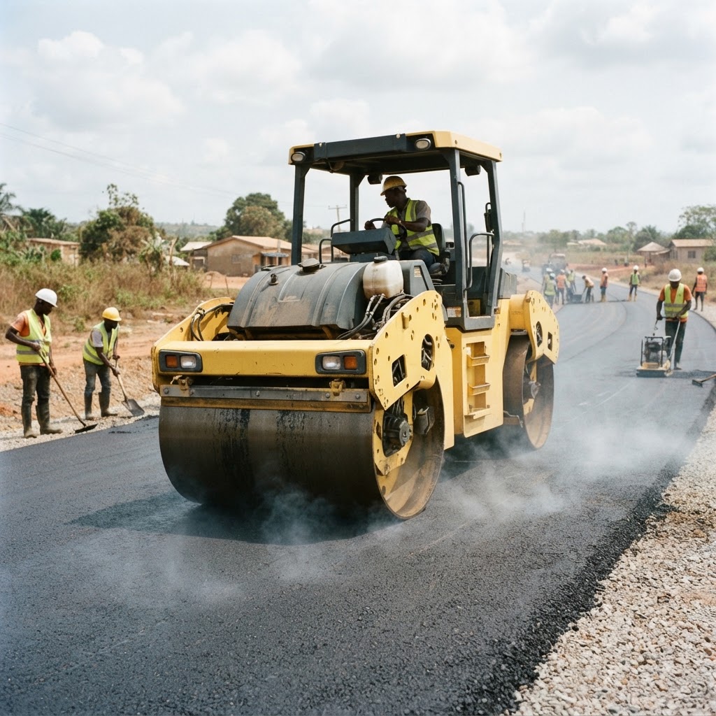 Vibratory roller compacting a freshly laid road surface at a construction site