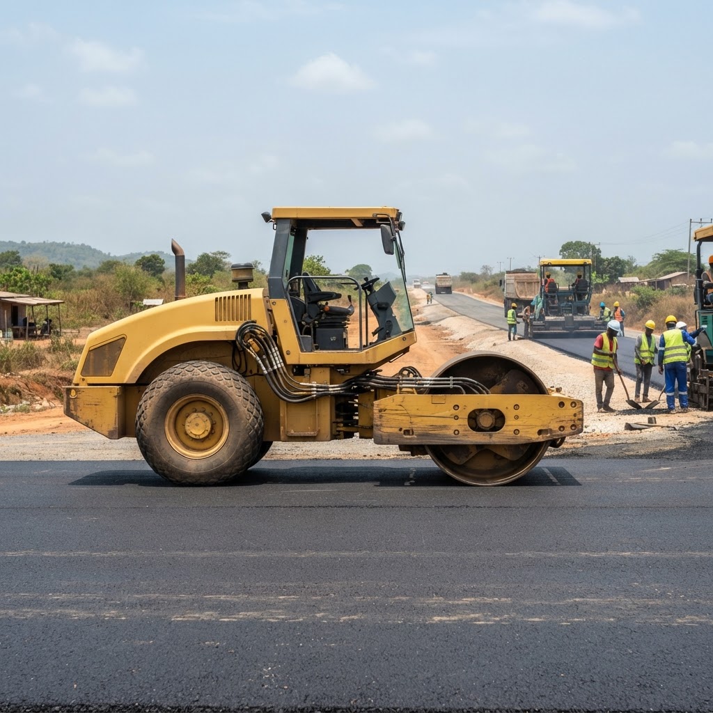 Vibratory roller compactor side profile view on a road construction project